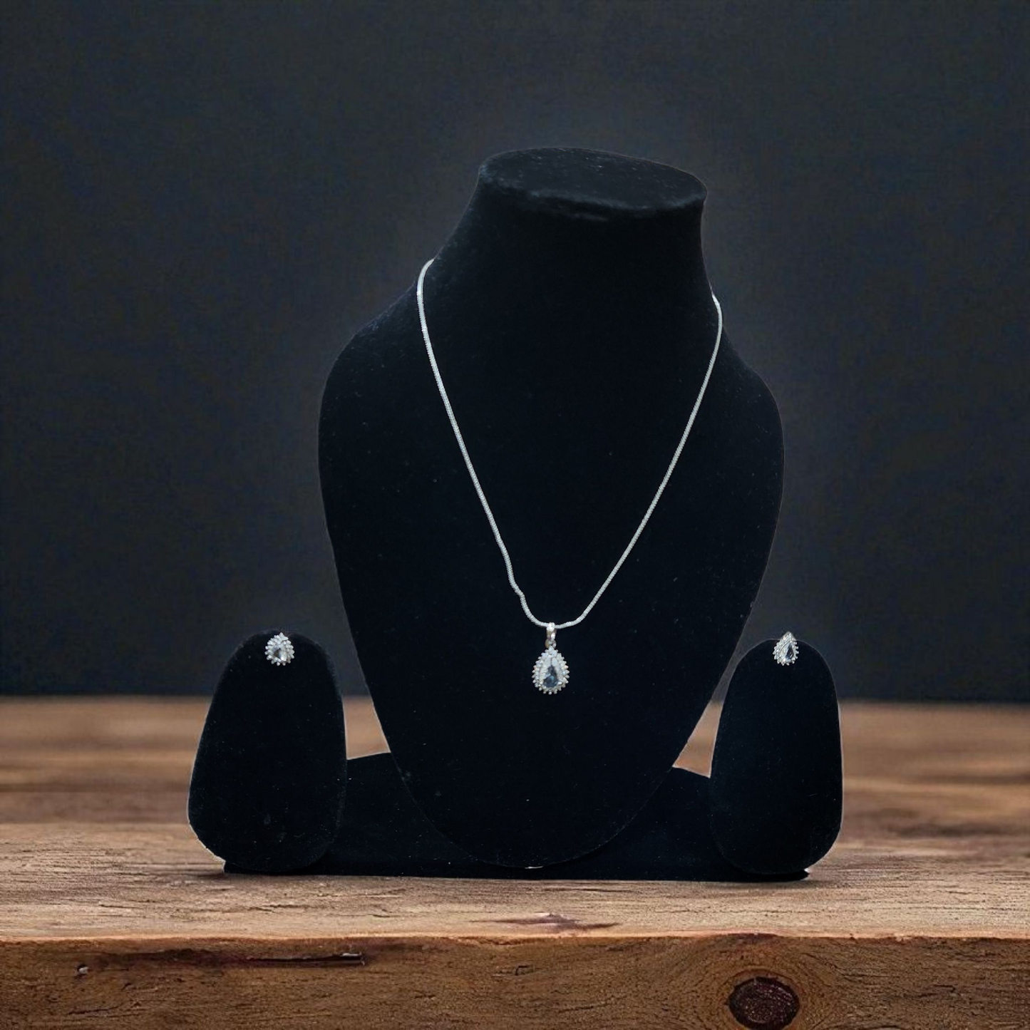 Teardrop White Crystal Pendant AD Set with Earrings – Elegant Silver Finish