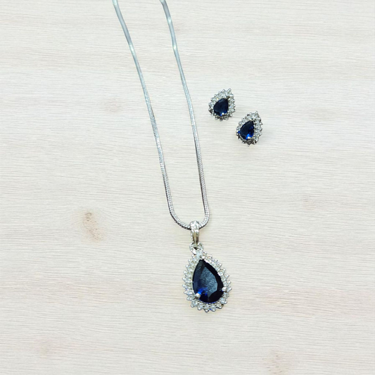 Teardrop Blue Sapphire Pendant AD Set with Earrings – Royal & Elegant Design