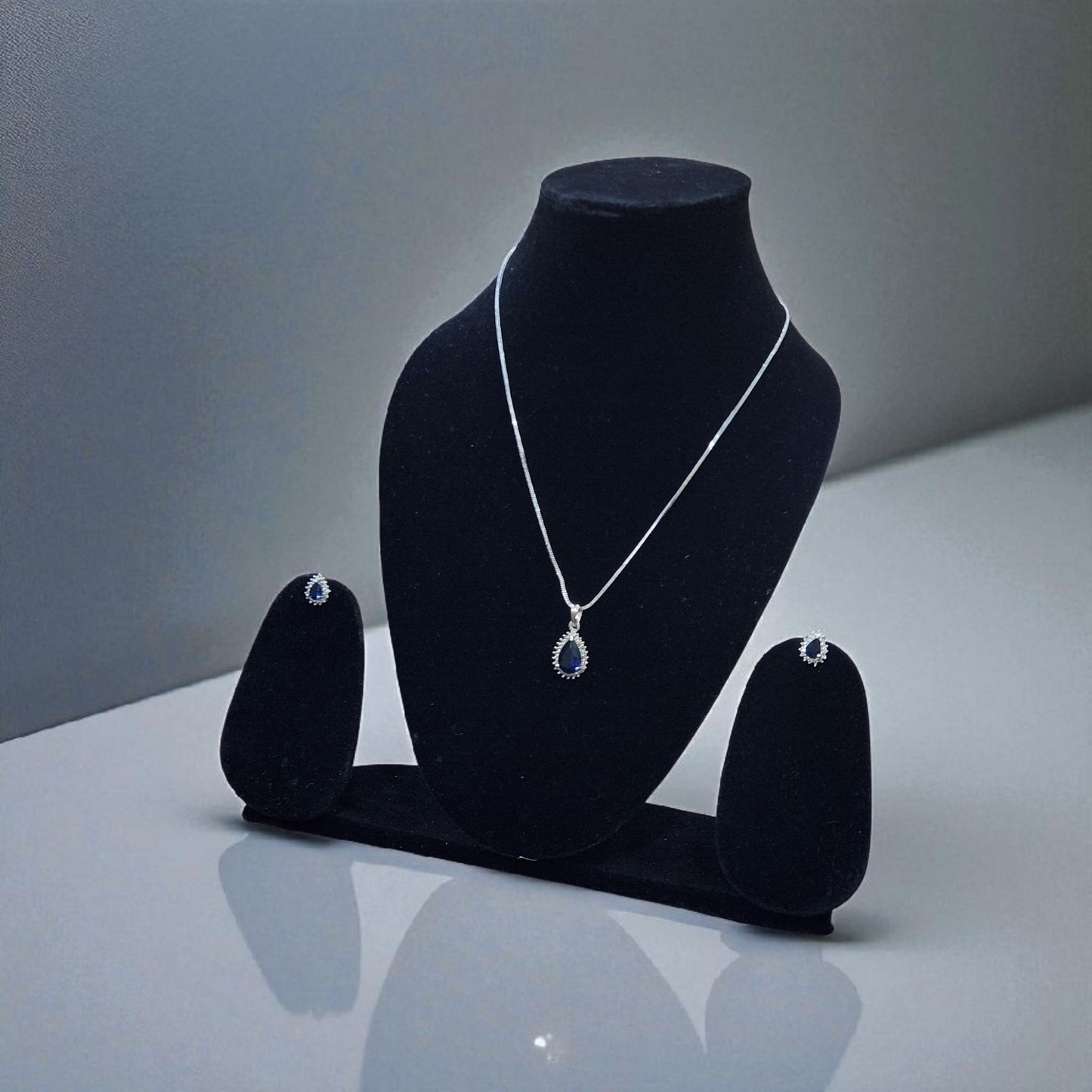 Teardrop Blue Sapphire Pendant AD Set with Earrings – Royal & Elegant Design