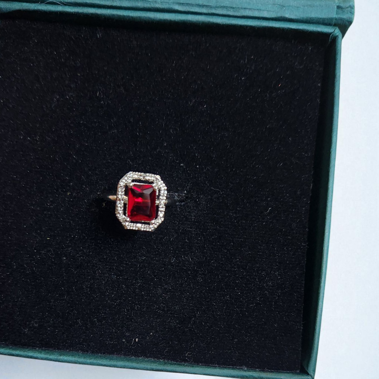Royal Red Ruby AD Halo Ring – Bold Rectangular Cut