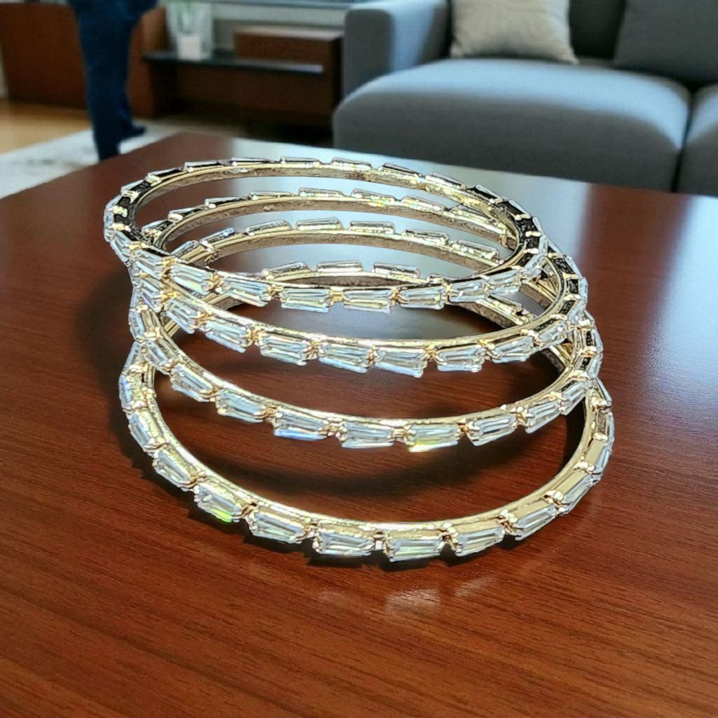 Gold Polish crystal AD  Baguette Zircon Bangles – Luxury Bridal Jewellery set of 4 bangles
