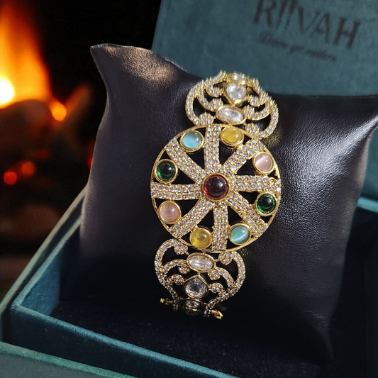 Navratna kundan polki  Gold-Plated Designer Bracelet – Multicolor Gemstone Kada