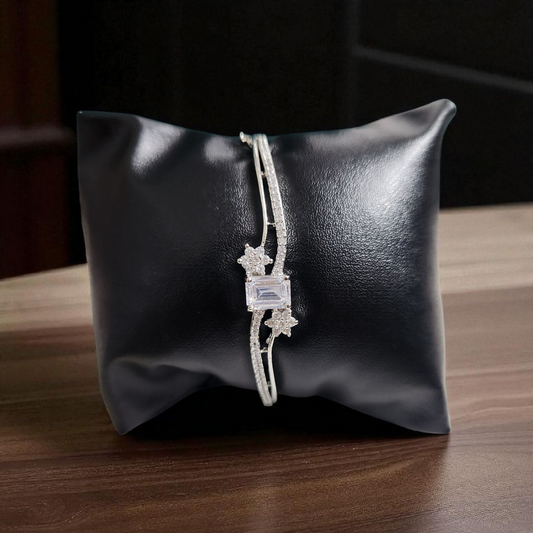 Square and floral Cut  AD Bracelet  – Silver-Tone CZ Bangle with Floral Accents