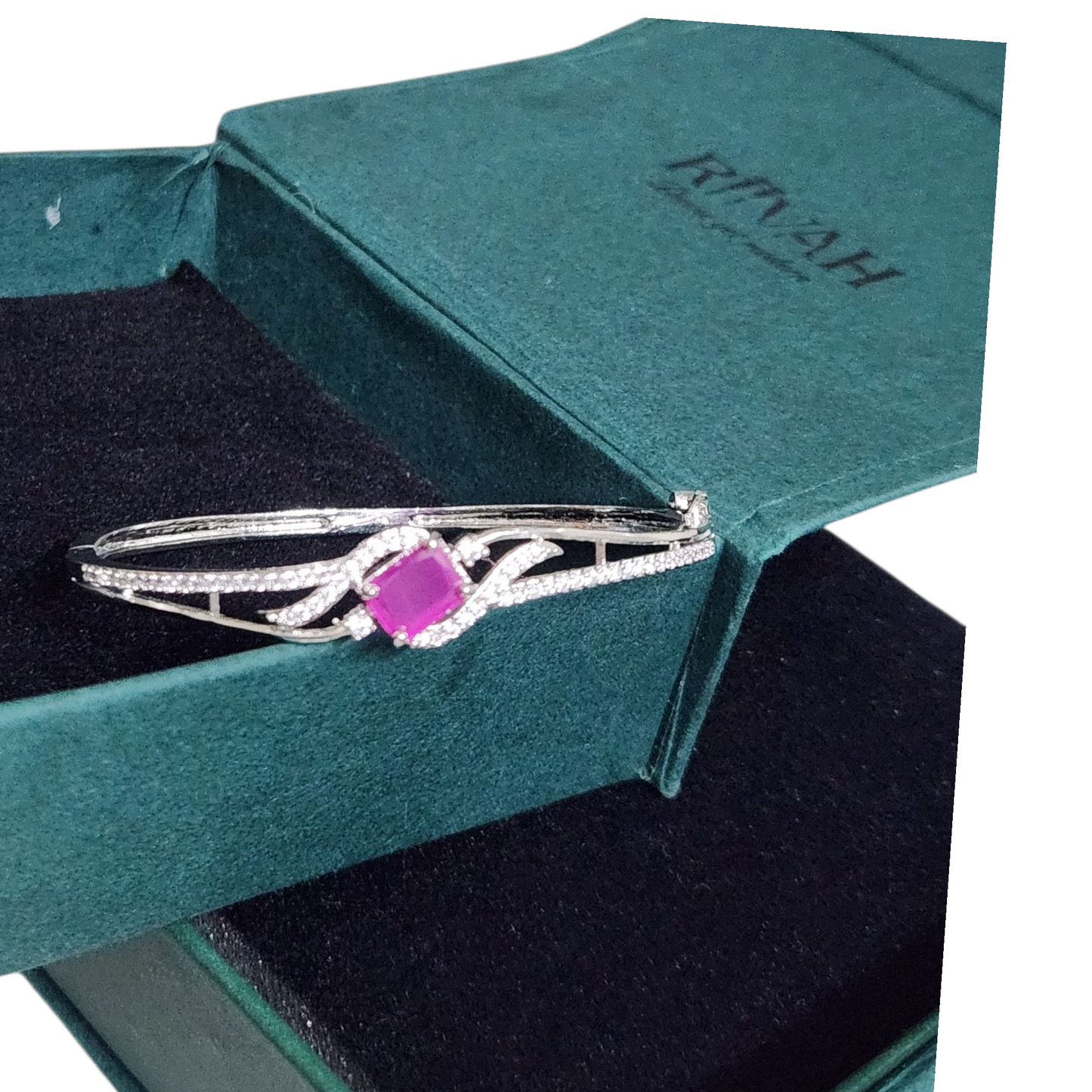 Ruby Stone Bracelet – Silver CZ Bangle with Pink Gemstone Center