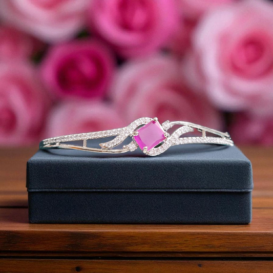 Ruby Stone Bracelet – Silver CZ Bangle with Pink Gemstone Center