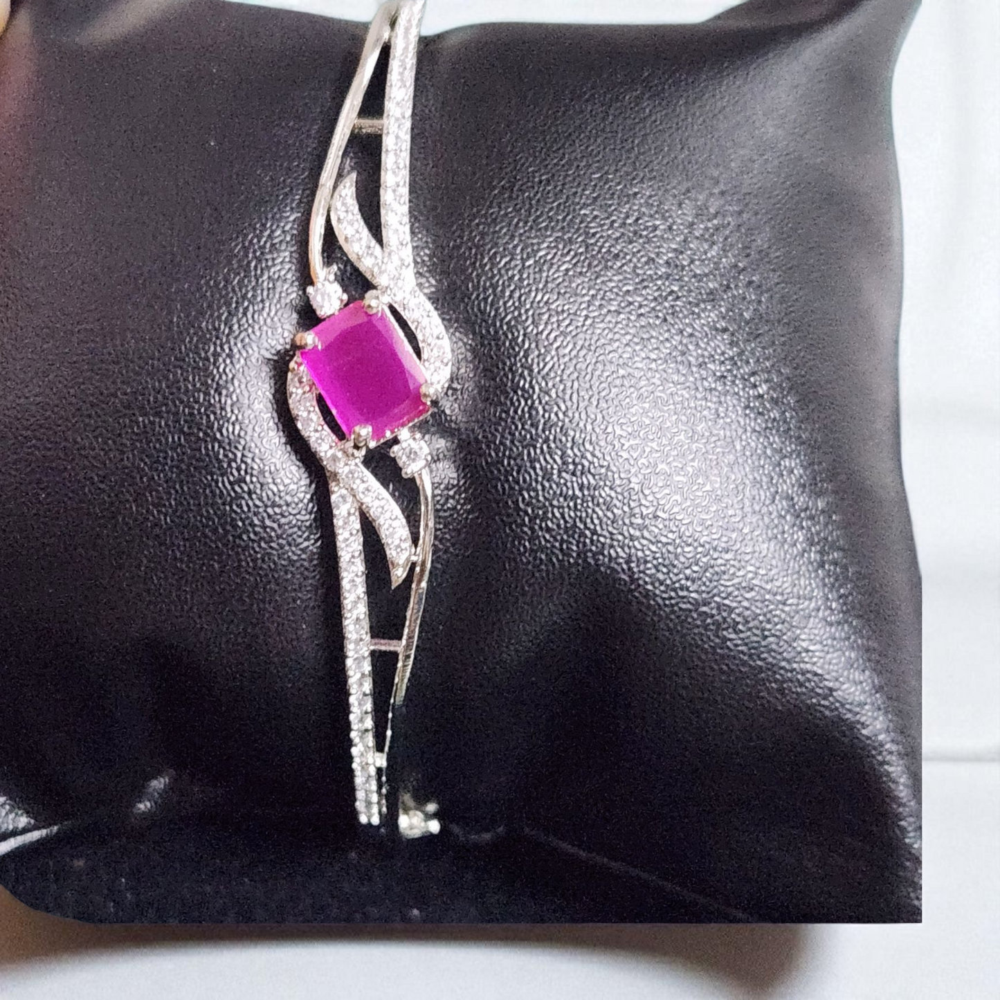 Ruby Stone Bracelet – Silver CZ Bangle with Pink Gemstone Center