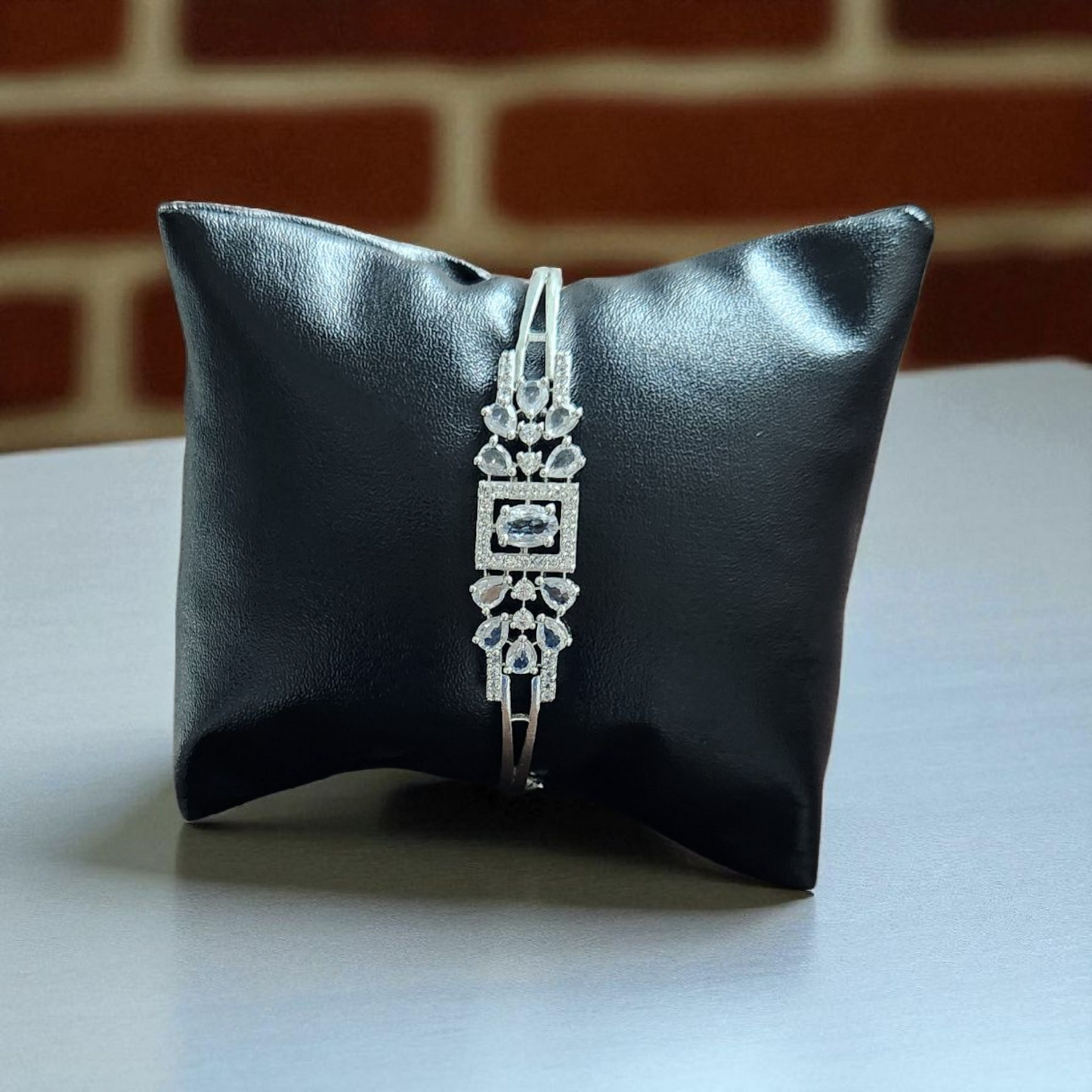 Square-Cut CZ Bracelet – Silver Bangle with Crystal AD Embellishments