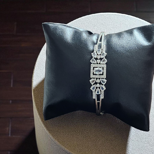 Square-Cut CZ Bracelet – Silver Bangle with Crystal AD Embellishments