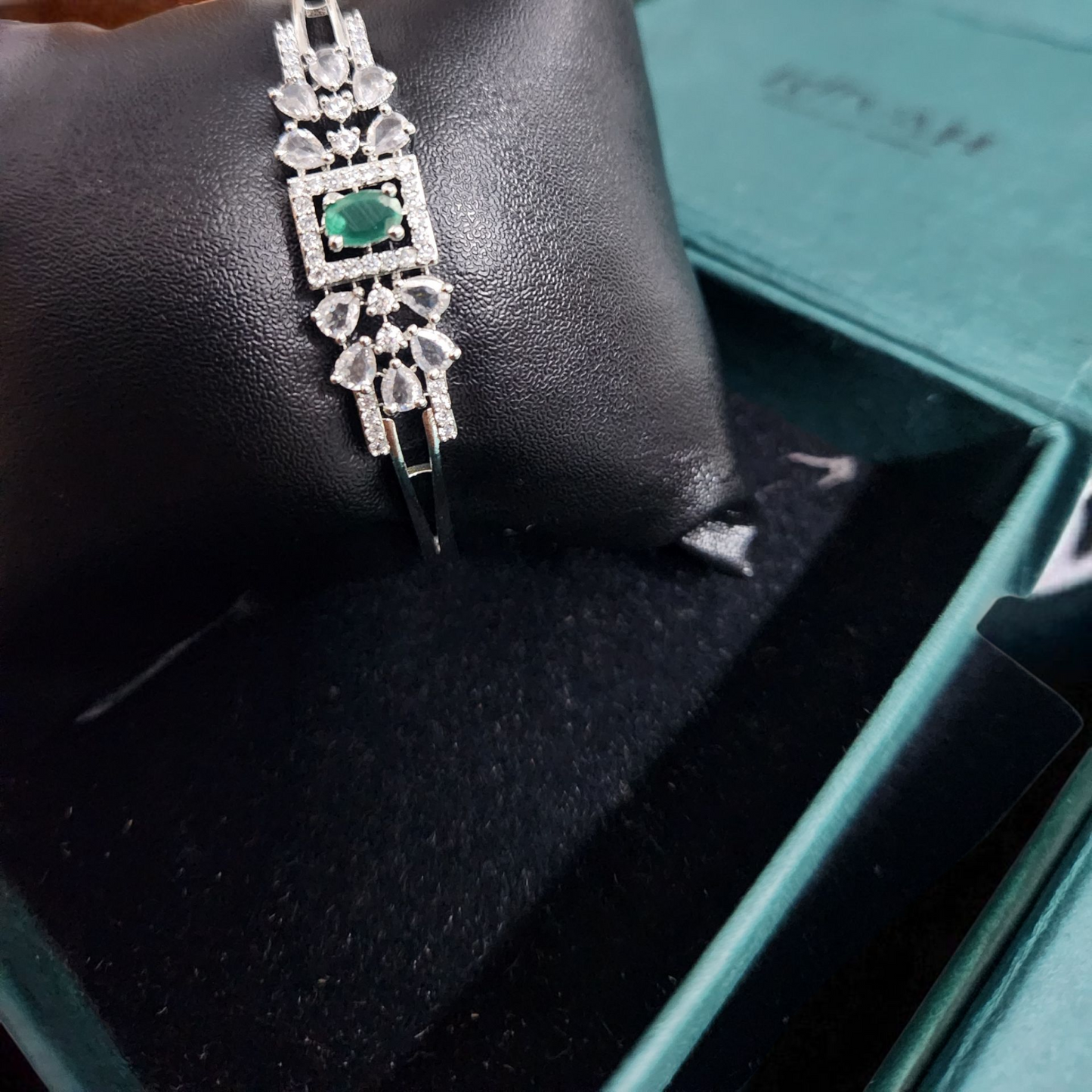 Emerald Green CZ Bracelet – Silver Bangle with Square emerald with AD stone