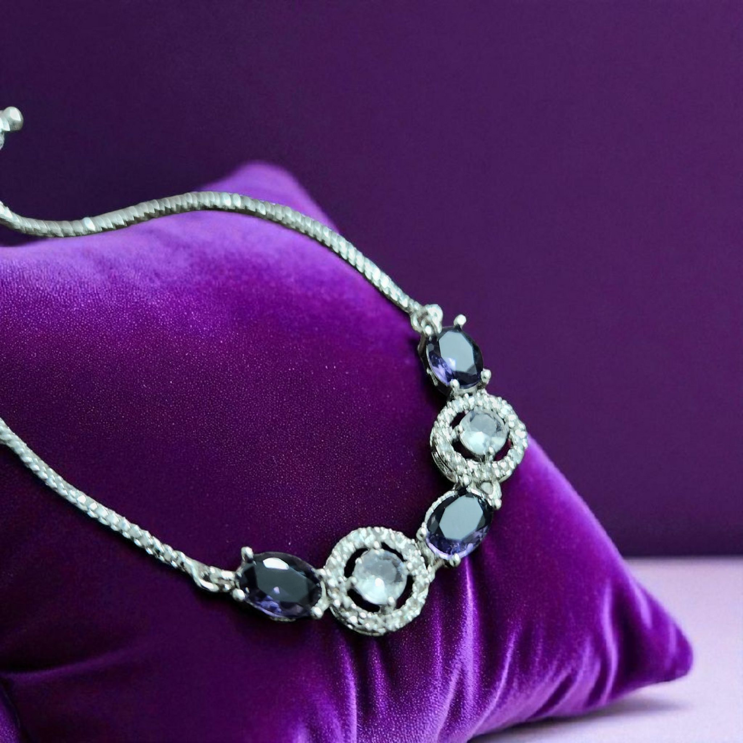 Purple Crystal AD & Silver Adjustable Bracelet – Elegant Party Wear