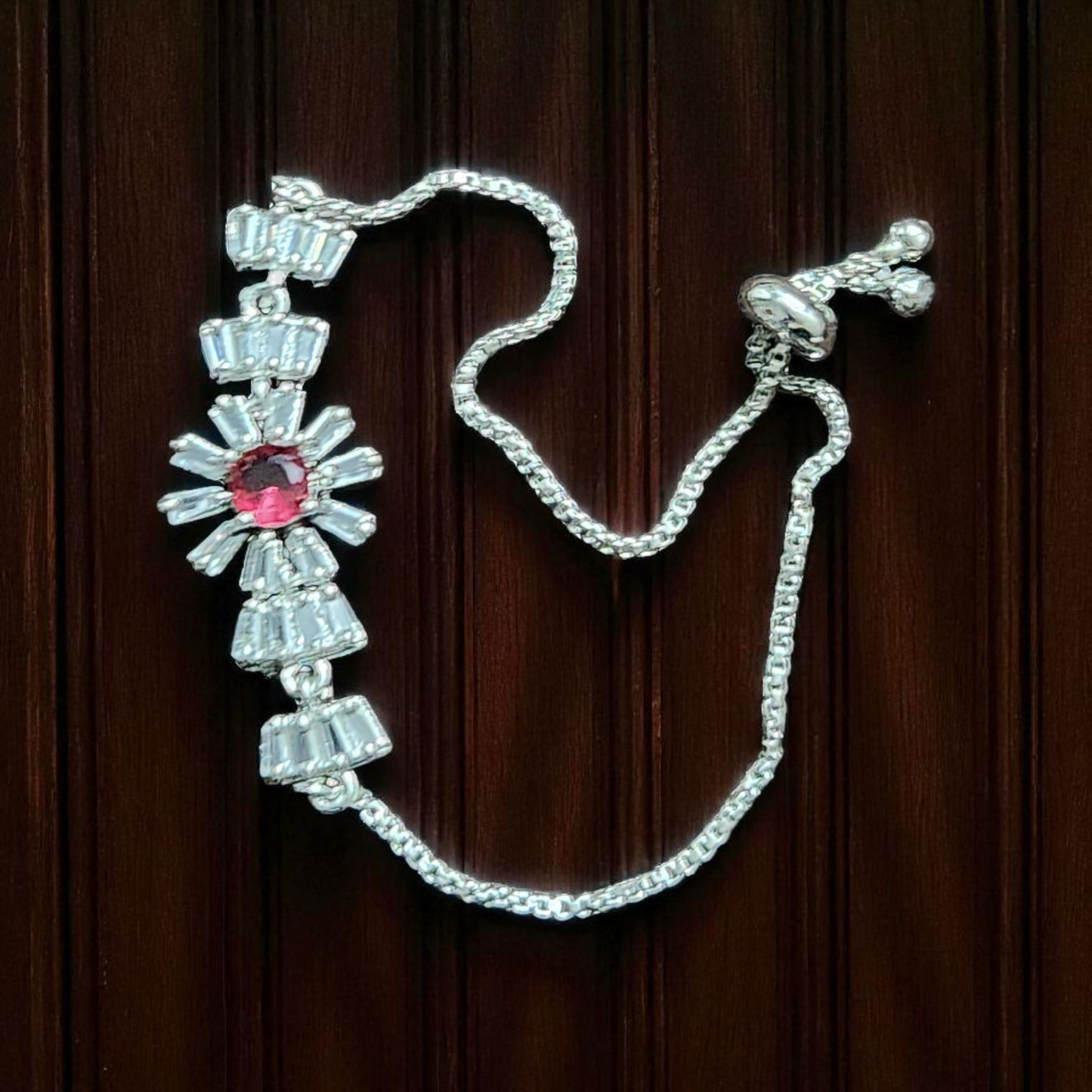 Ruby Red & Crystal AD Silver Bracelet – Radiant Starburst Design
