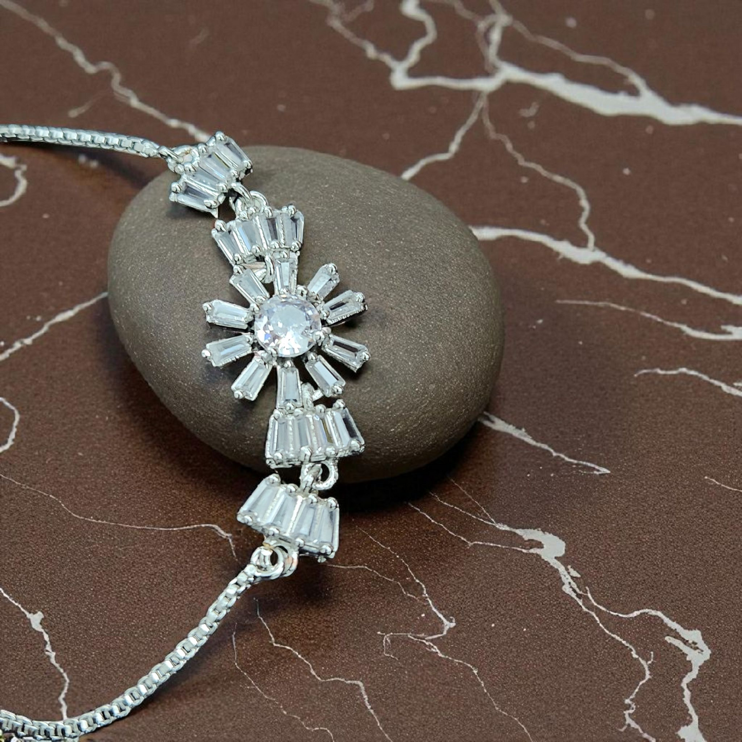 AD Crystal Starburst Silver Bracelet – Elegant Party Wear
