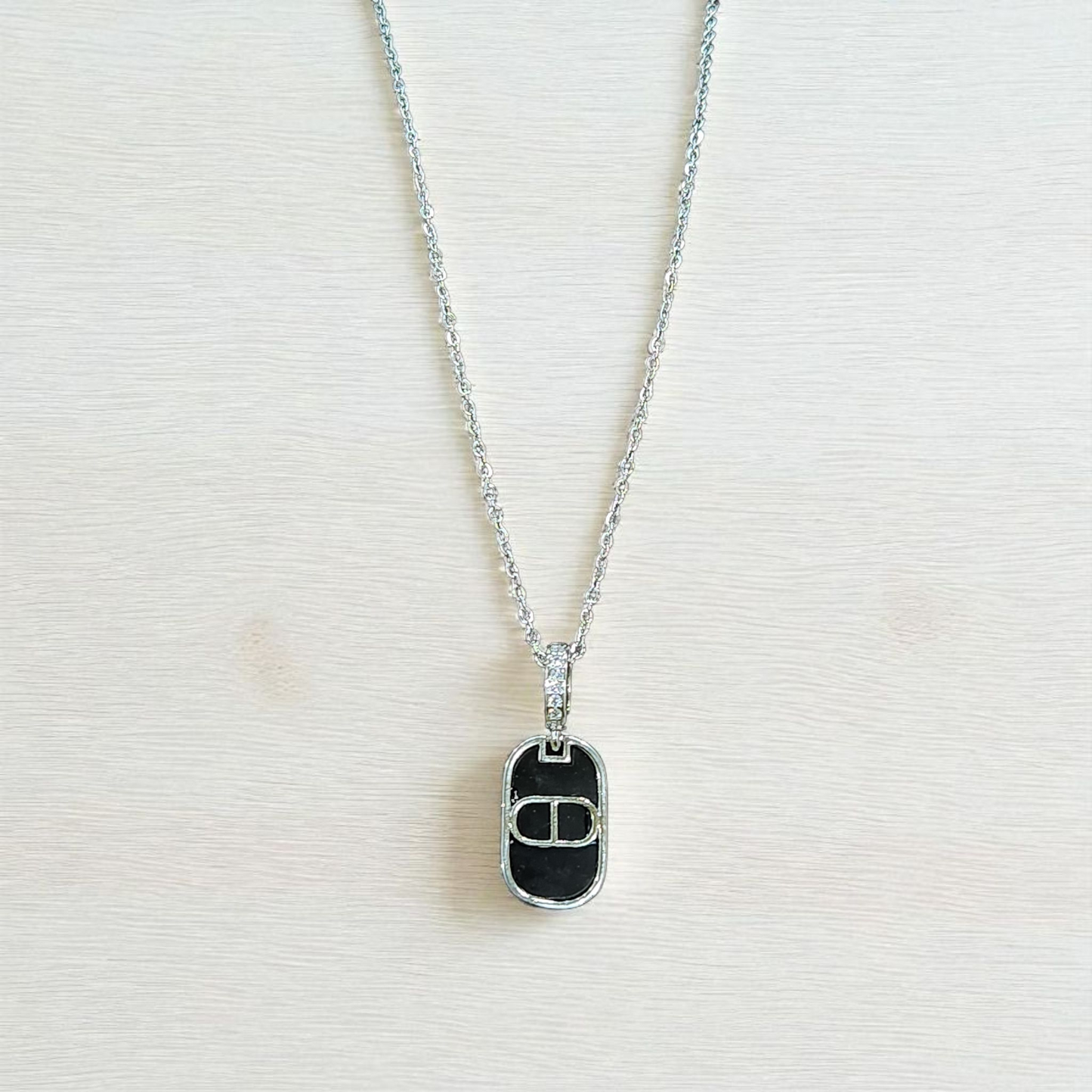Silver Chain Pendant Necklace Anti Tarnish with Black Enamel & Crystal Accents