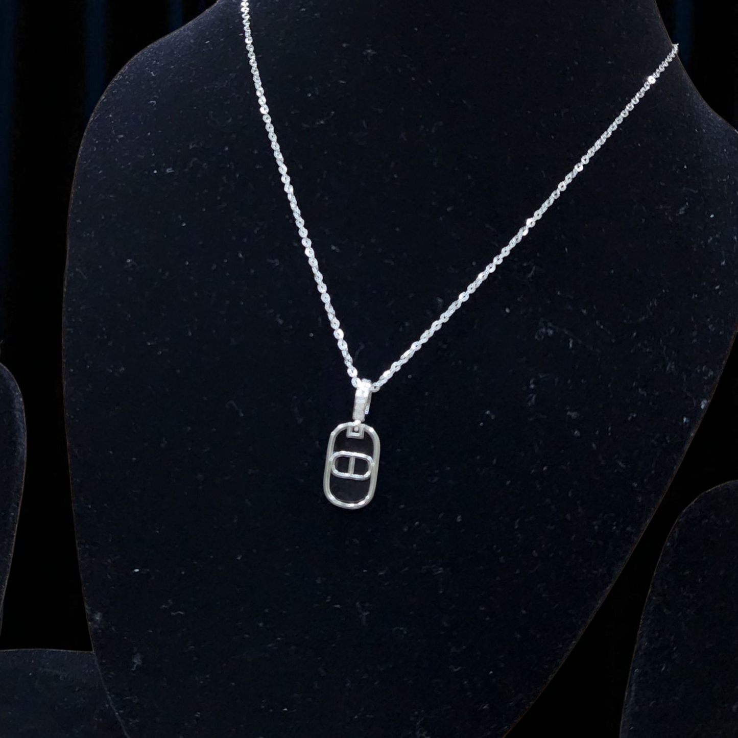 Silver Chain Pendant Necklace Anti Tarnish with Black Enamel & Crystal Accents