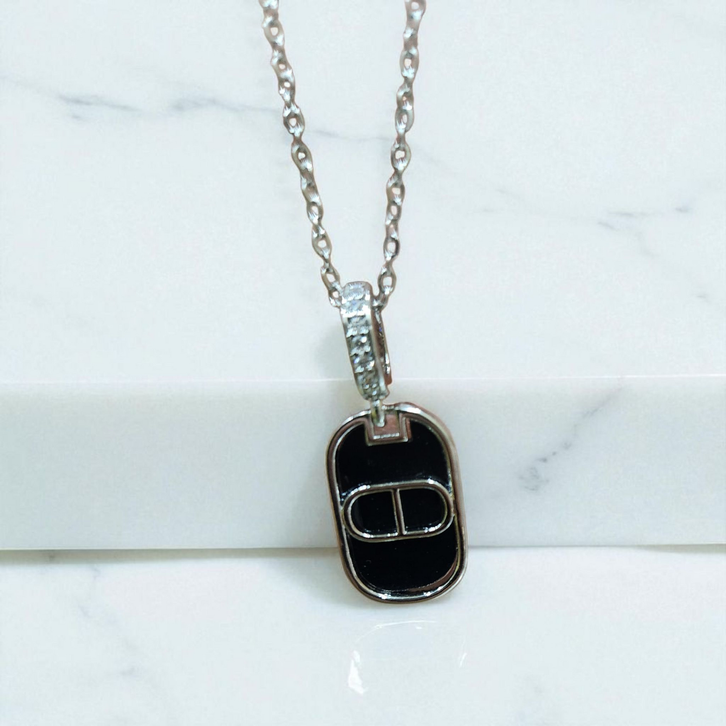 Silver Chain Pendant Necklace Anti Tarnish with Black Enamel & Crystal Accents