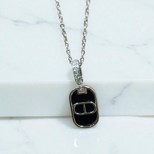 Silver Chain Pendant Necklace Anti Tarnish with Black Enamel & Crystal Accents