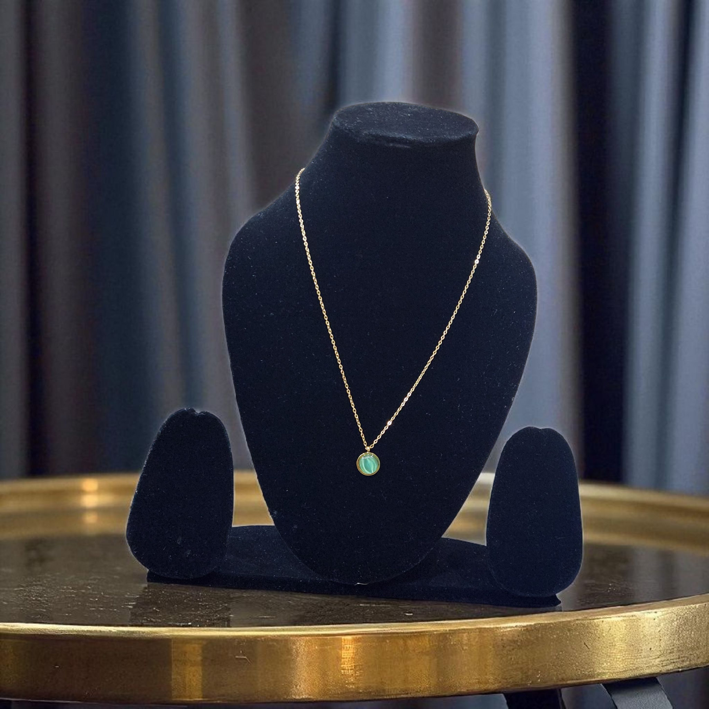 Anti Tarnish Pendant Necklace with Green Stone