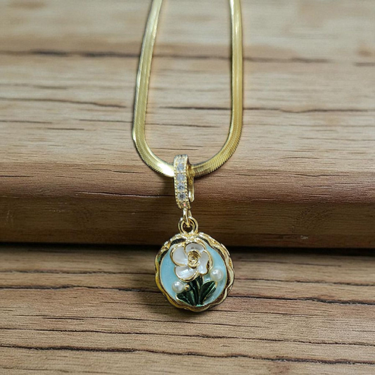 Anti tarnish Necklace with Enamel Aqua Floral Pendant