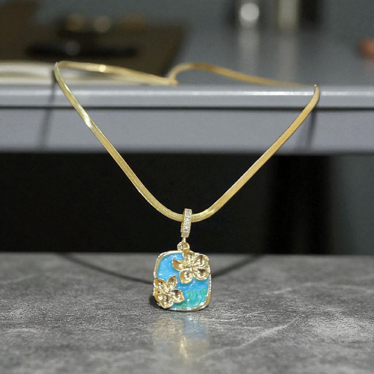 Anti Tarnish Necklace with Blue Enamel Floral Pendant