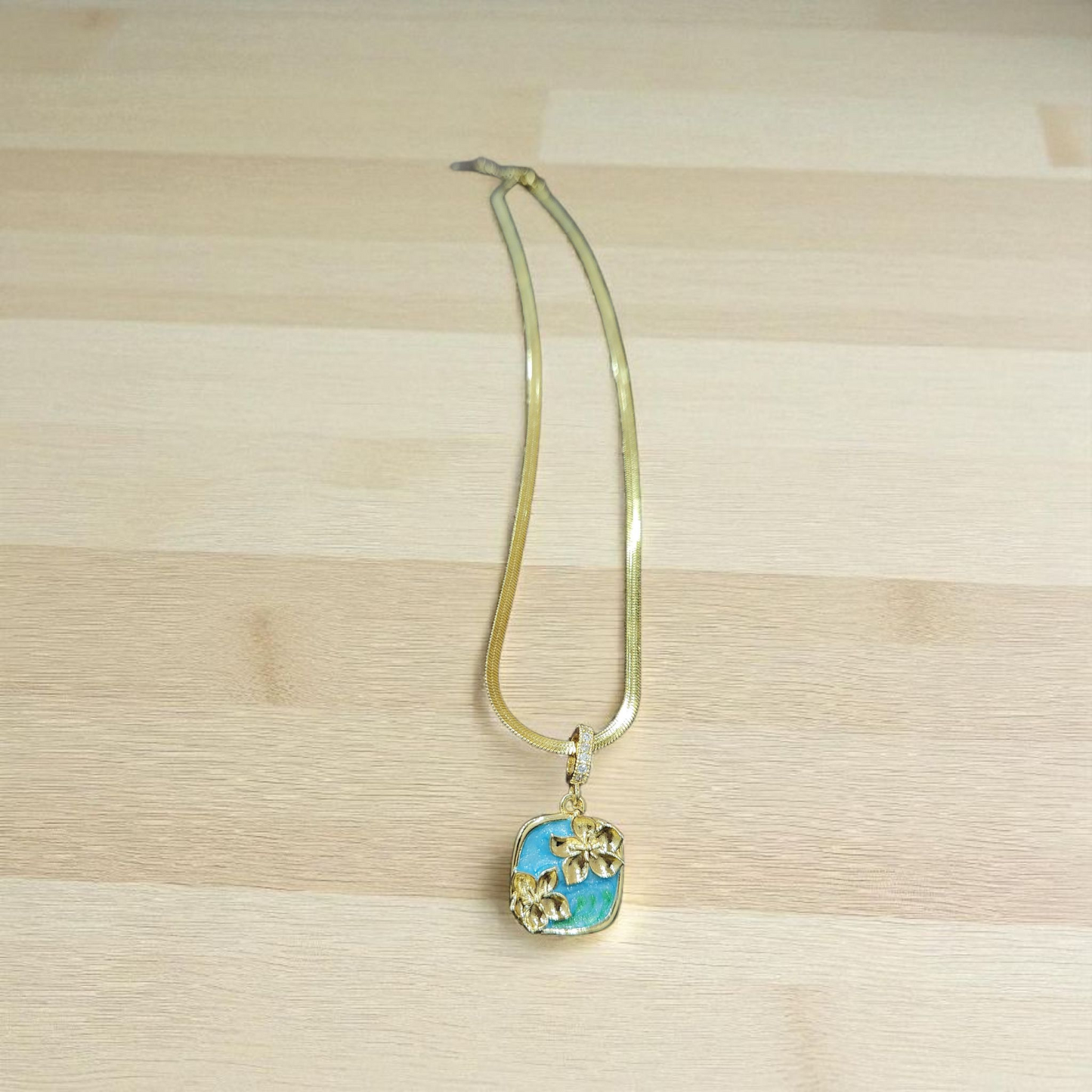Anti Tarnish Necklace with Blue Enamel Floral Pendant