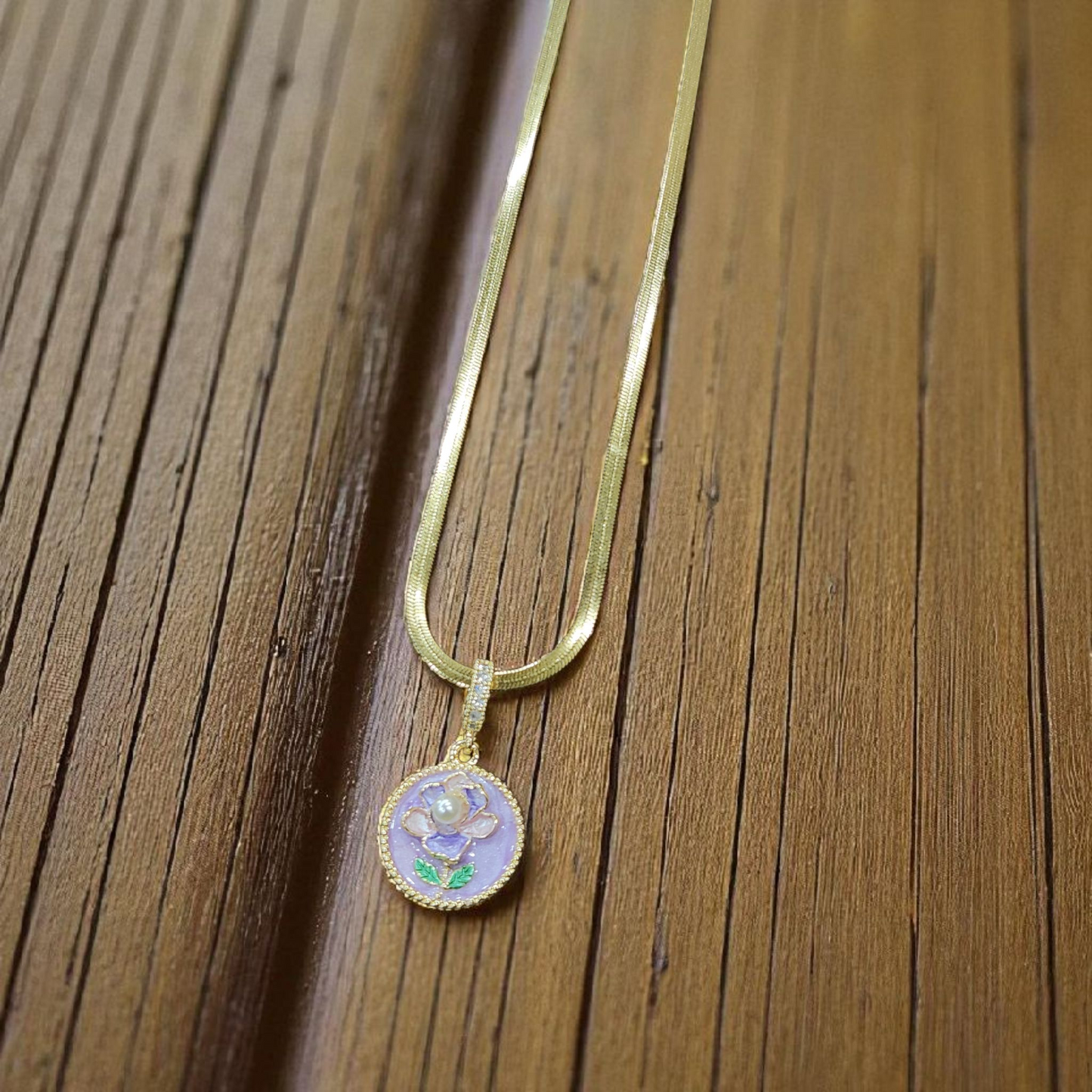 Anti Tarnish Necklace with Lavender Enamel Floral Pendant