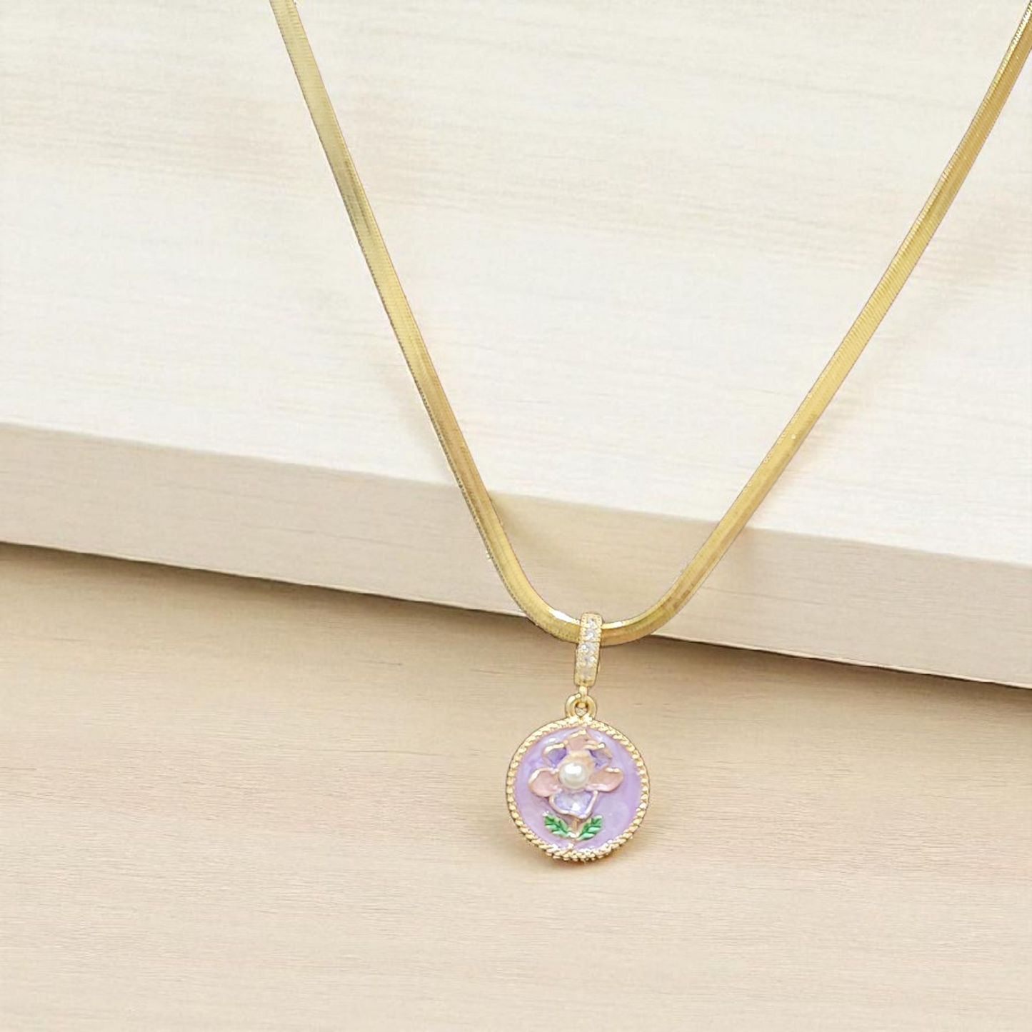 Anti Tarnish Necklace with Lavender Enamel Floral Pendant