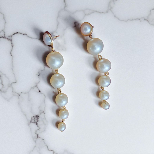 Long Golden Pearl Drop Earrings