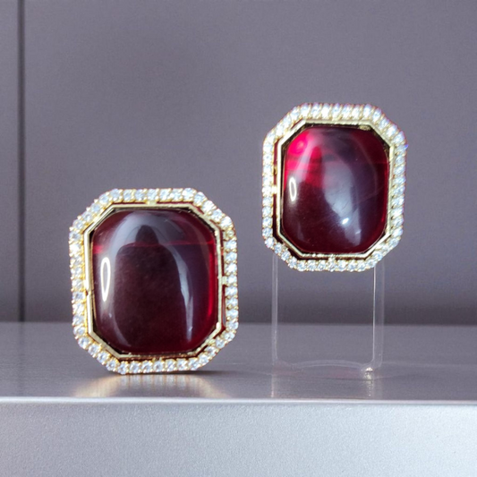 Ruby Stone Stud Earrings with AD Golden Polish
