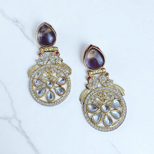 Kundan Polki Peacock Earrings Grayish Purple with Floral Golden Design