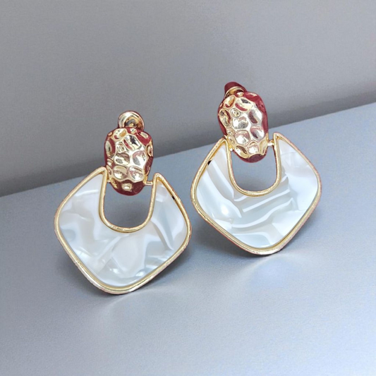 Golden Geometric Earrings with White Textured Accent
