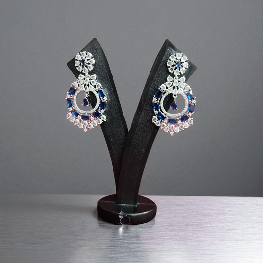 Blue Sapphire AD dangling Earrings with Silver Finish