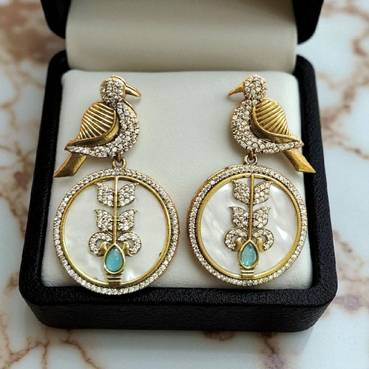 Gold-Plated Bird Motif Earrings with Mother of Pearl & Crystal Accents