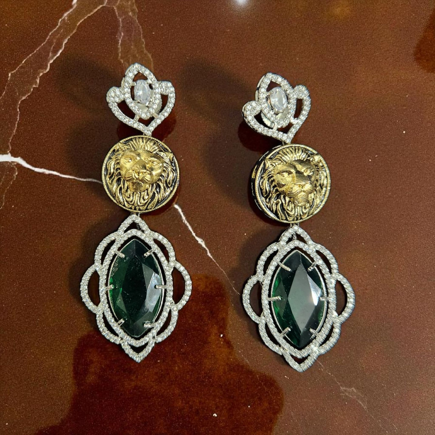 Lion Emblem Emerald Drop Earrings – Royal Statement Jewellary