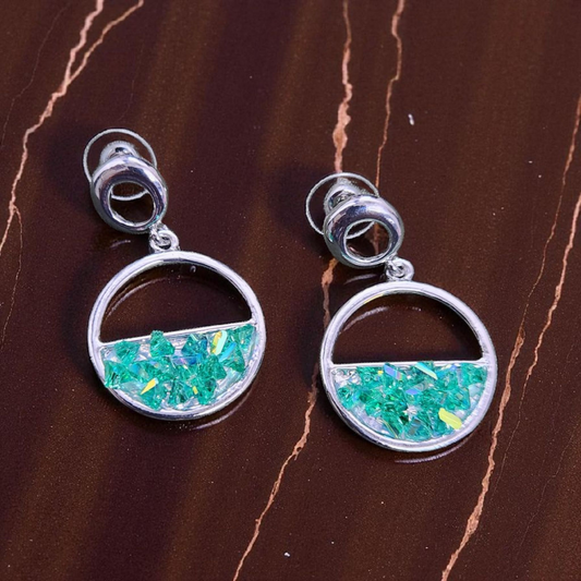 Modern Silver Circle Drop Earrings – Green Crystal Inlay