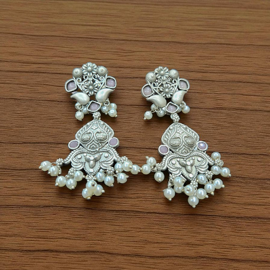 Antique Silver Jhumka Earrings with Pearl Drops – Traditional Ethnic Design