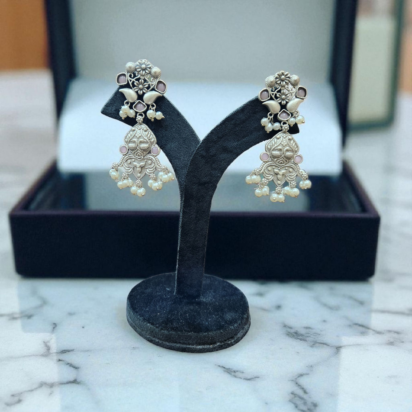 Antique Silver Jhumka Earrings with Pearl Drops – Traditional Ethnic Design