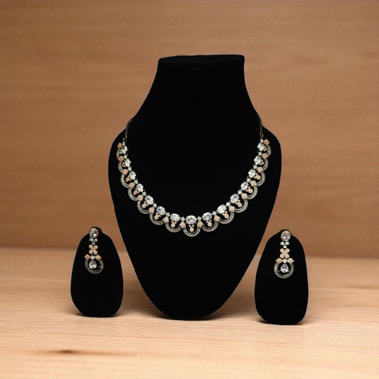 Elegant Silver & Rose Gold Victorian Polish AD Stone Necklace Set with Earrings