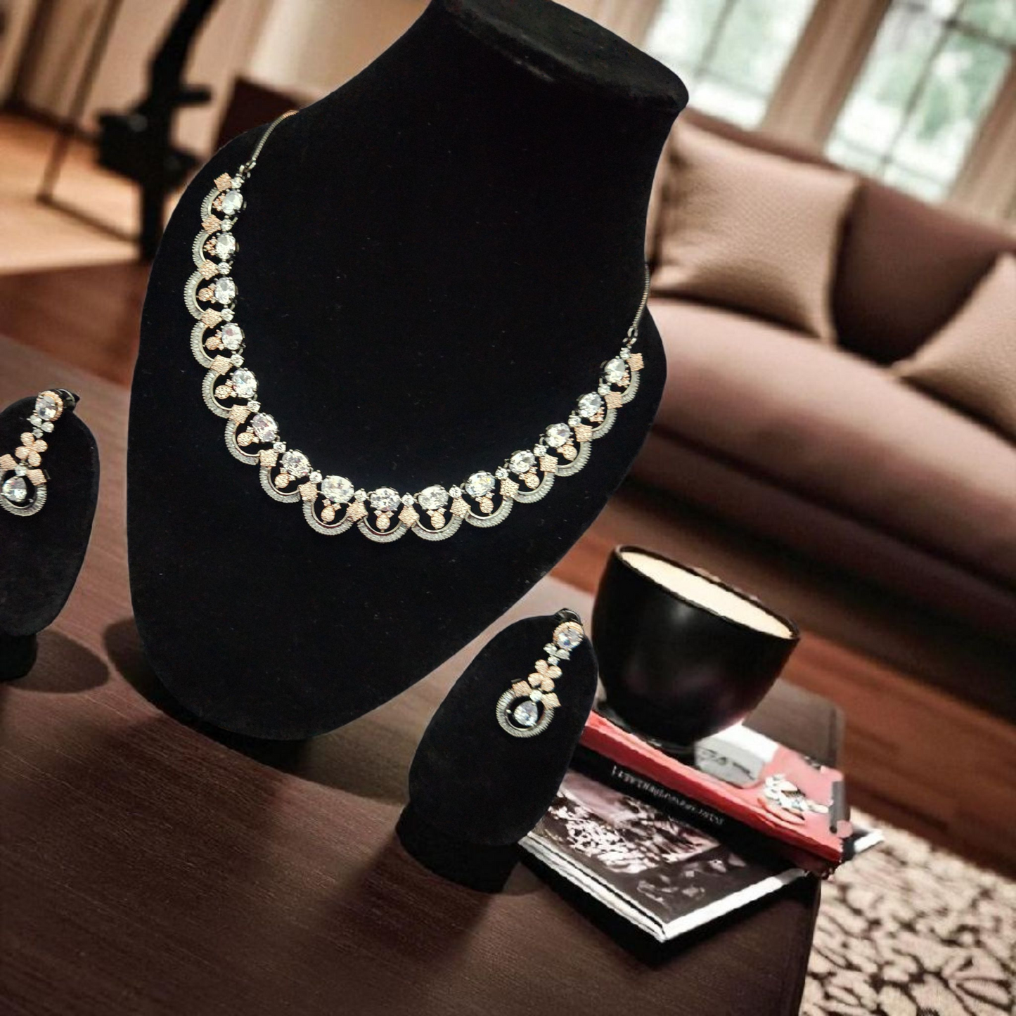 Elegant Silver & Rose Gold Victorian Polish AD Stone Necklace Set with Earrings