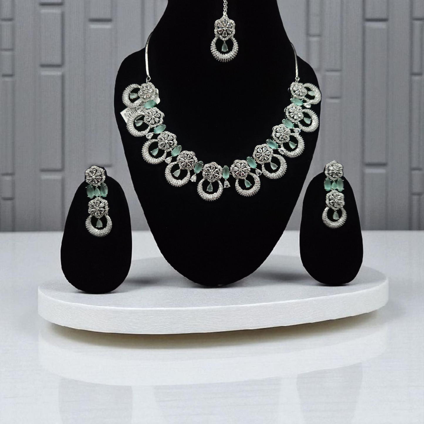Silver AD Necklace Set with Mint Green Stones