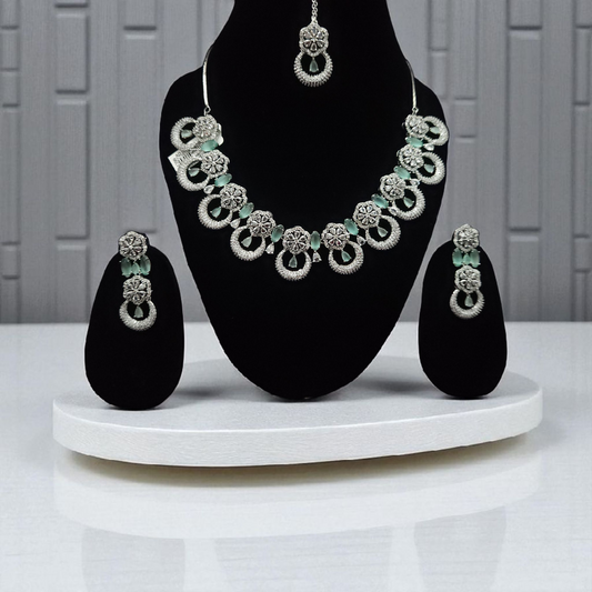 Silver AD Necklace Set with Mint Green Stones