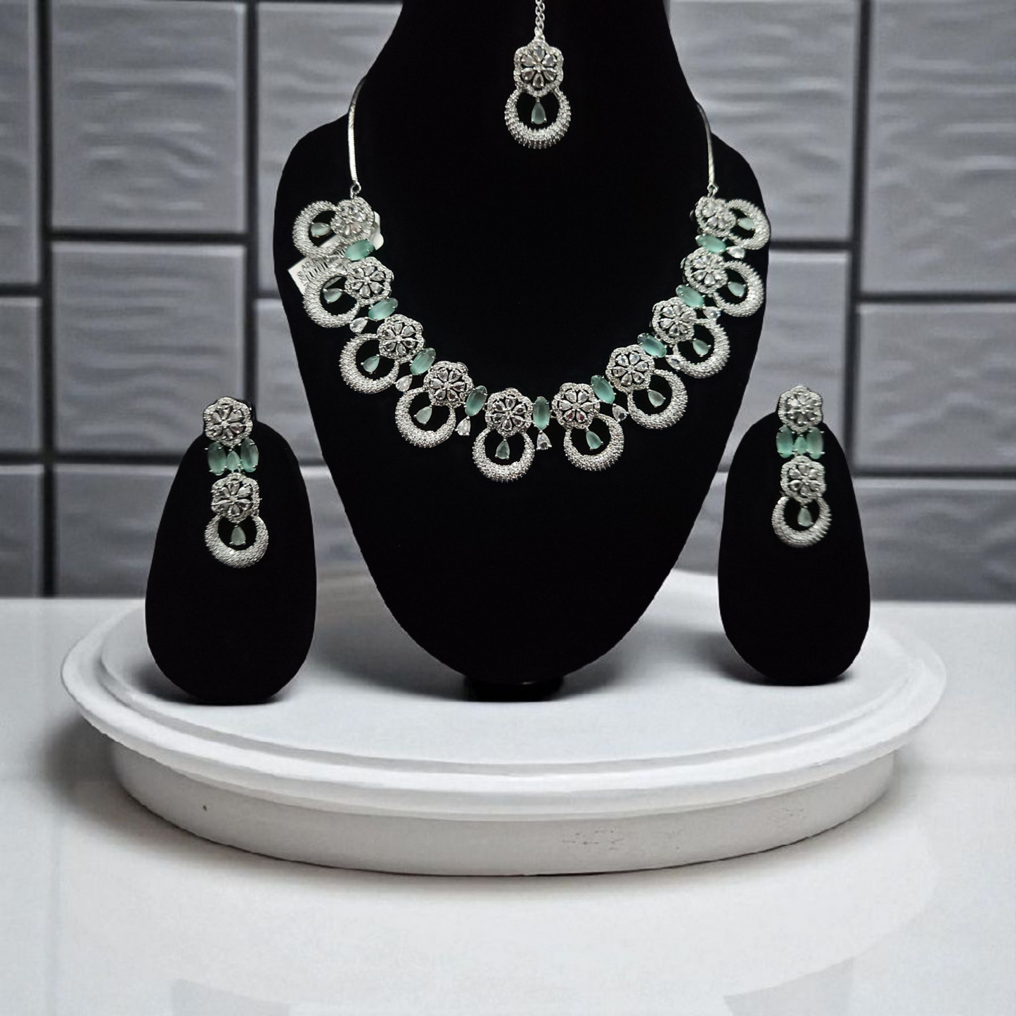 Silver AD Necklace Set with Mint Green Stones