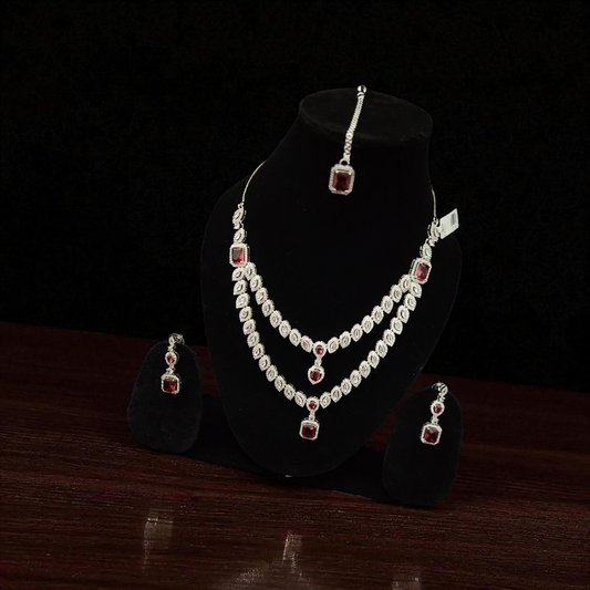 Silver AD Ruby Stone Necklace Set with Maang Tikka