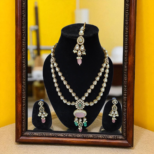 Kundan Polki Necklace Set with Pastel Stones & Maang Tikka Victorian Polish