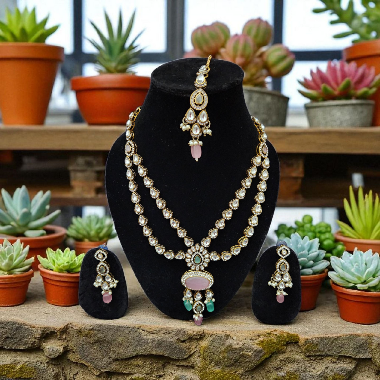 Kundan Polki Necklace Set with Pastel Stones & Maang Tikka Victorian Polish
