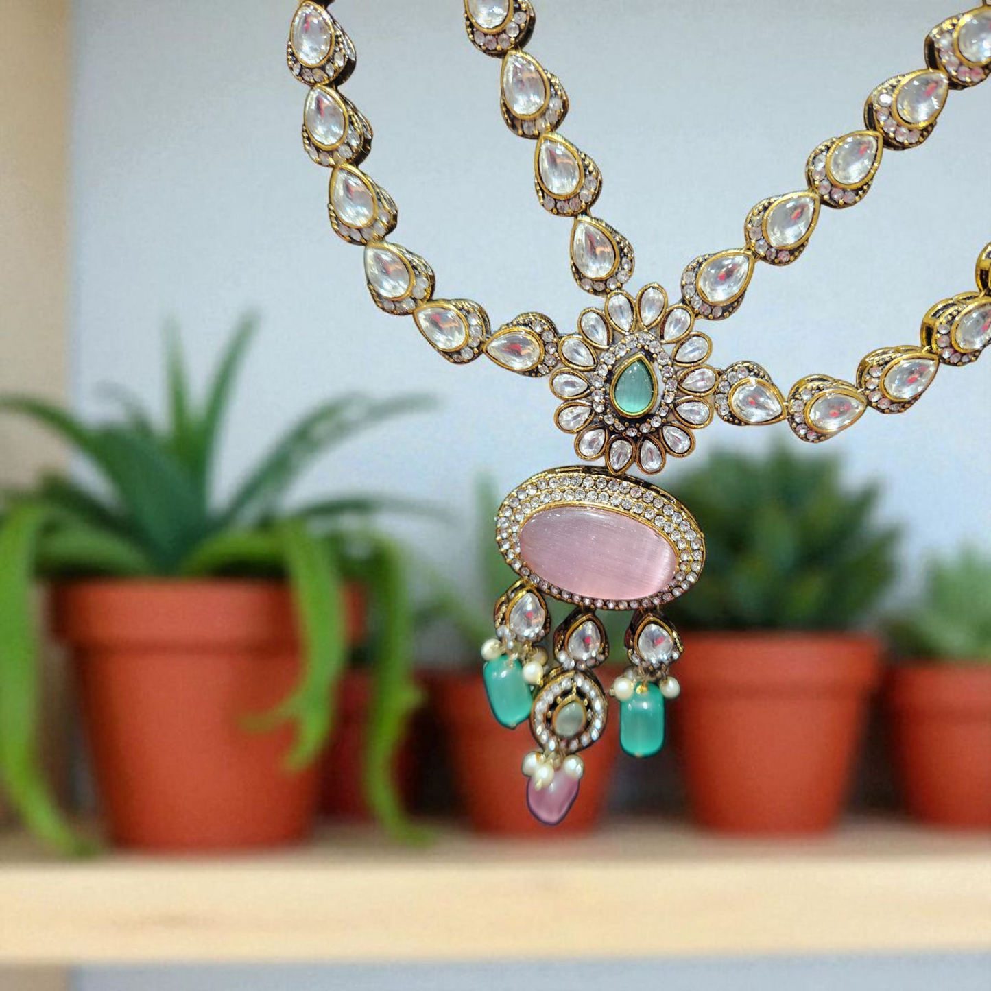 Kundan Polki Necklace Set with Pastel Stones & Maang Tikka Victorian Polish