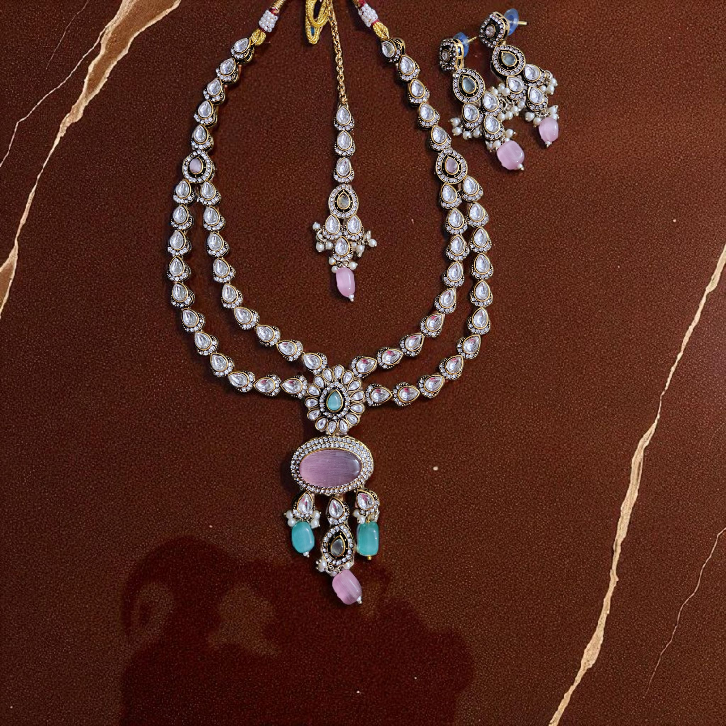 Kundan Polki Necklace Set with Pastel Stones & Maang Tikka Victorian Polish