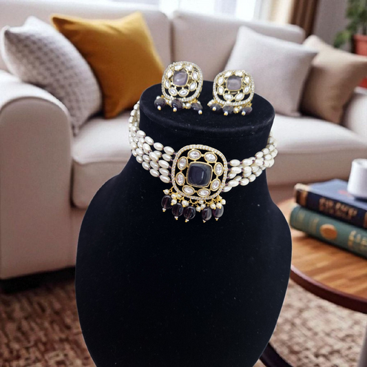 Pearl & Kundan purplr stone Choker Necklace Set – Bridal & Party Jewellary
