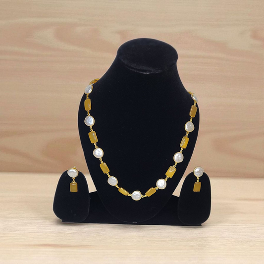Yellow White Pearl & Gold Geometric Necklace Set – Elegant Party Jewellary