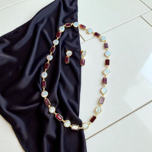 Red Stone & Pearl Baroque Necklace Set