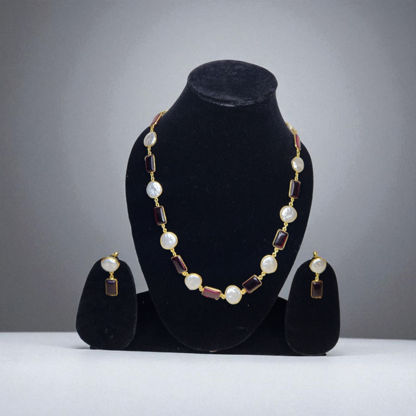 Red Stone & Pearl Baroque Necklace Set